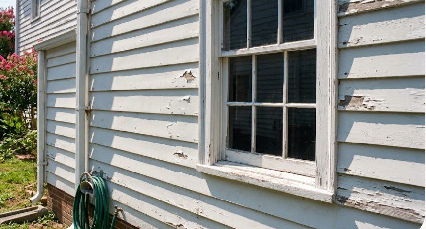 Peeling and blistering paint on exterior wood siding of a Hampton Roads home with downspout and garden hose