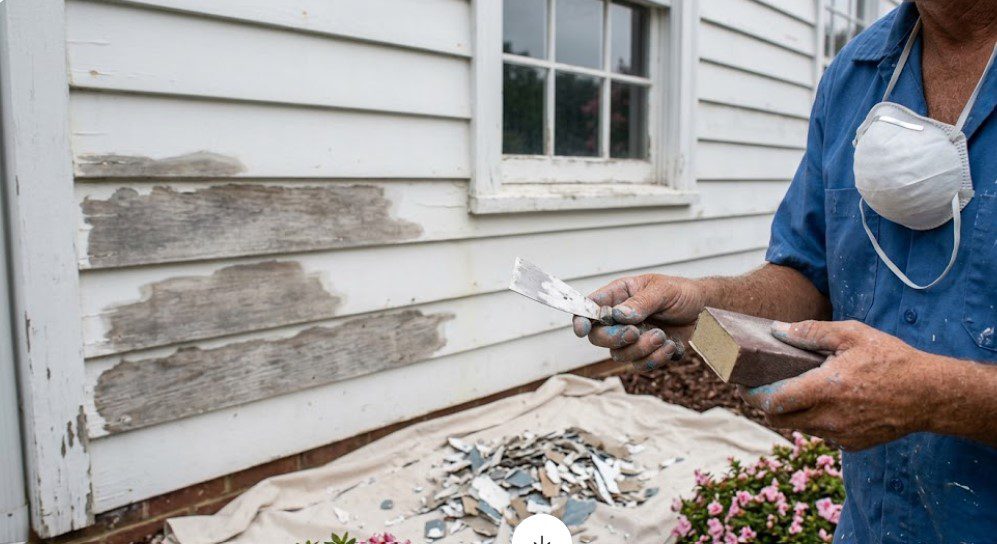 Painter scraping blistered paint from exterior wood siding with drop cloth, debris, and sanding block