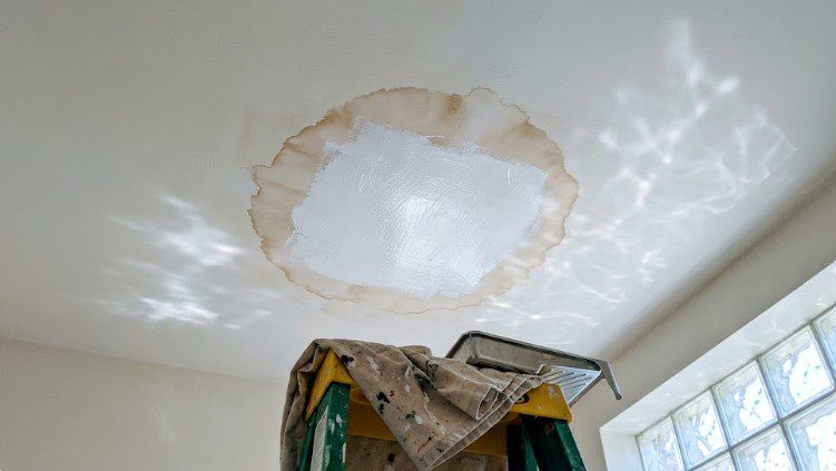 Stain-blocking primer going on over a water ring. The full ring and a margin around it get sealed before any finish paint.