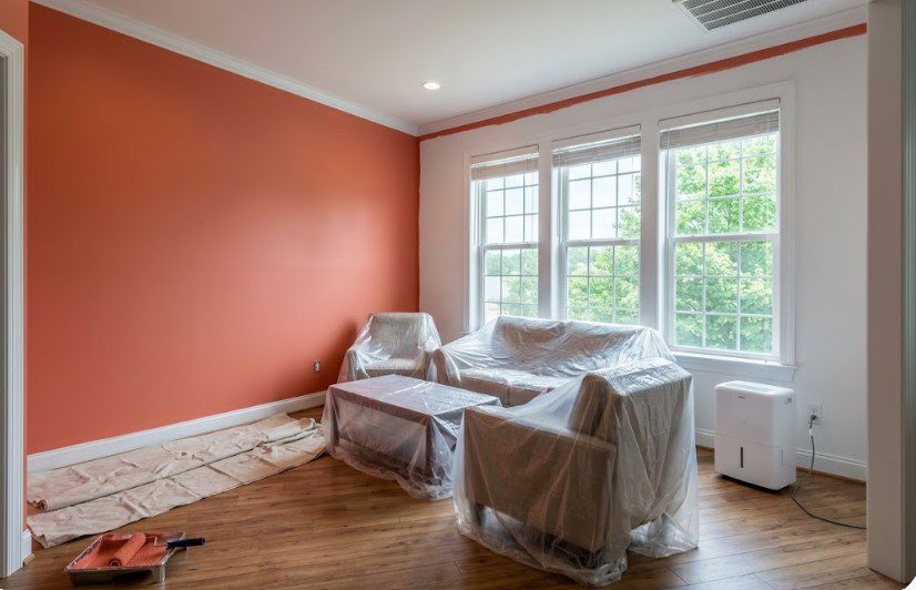 Dehumidifier running in a living room with a freshly painted coral accent wall and covered furniture