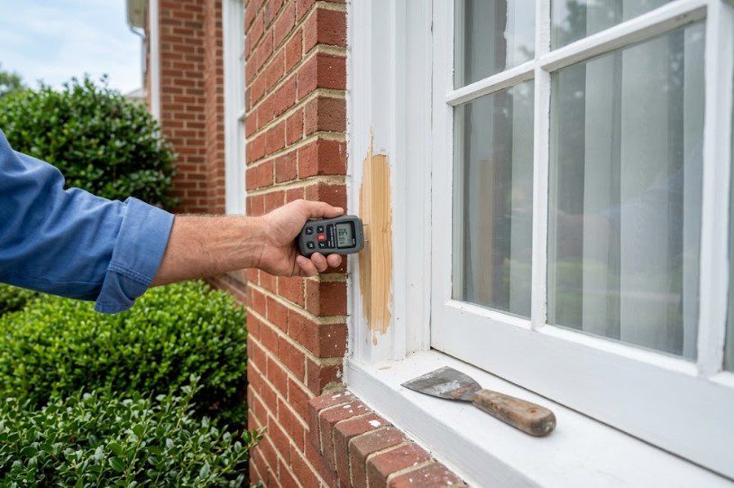 Moisture meter pressed against bare wood on a scraped window casing beside a brick wall